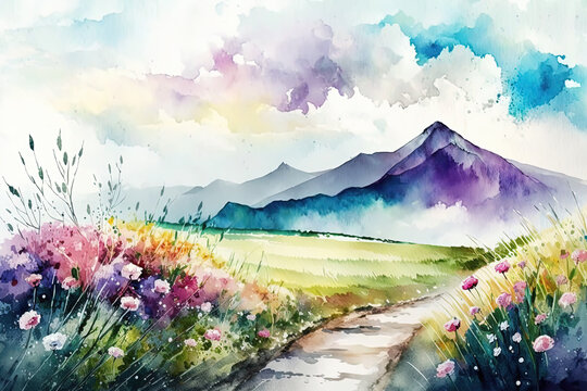 Watercolor summer landscape illustration, mountains and meadow. Ai generated