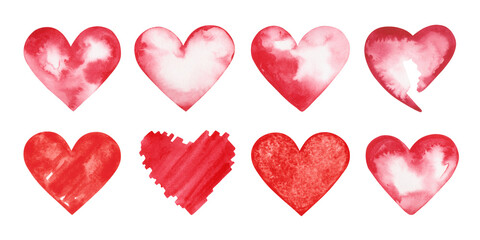 Set of red, textural, watercolor, isolated on white background, festive hearts. Drawn by hand on paper. For decoration, romantic events, valentines and as a design element.