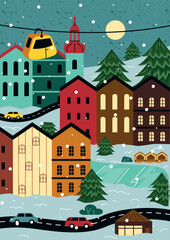 Winter city poster. Urban architecture, landscape and infrastructure. Cars drive along road next to large multicolored buildings under snow. Christmas cityscape. Cartoon flat vector illustration