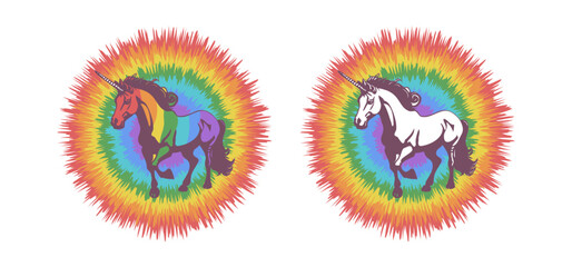 Vector stickers, rainbow unicorn. Magic fabulous white horse with a horn. Mythical artiodactyl animal.