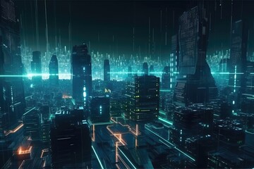 futuristic cityscape with vibrant neon lights illuminating the night sky. Generative AI