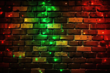 Brick wall grunge texture background, red green yellow blur neon light for vintage Christmas poster design wallpaper
