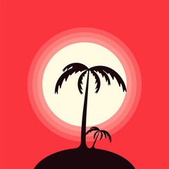Naklejka premium Silhouette of two palm trees on the island against the backdrop of the setting sun.