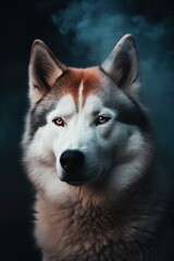 Portrait of a siberian husky dog in smoke.Generative Ai