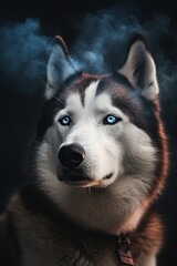 Obraz premium Portrait of a siberian husky dog in smoke.Generative Ai