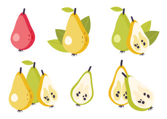 Cartoon pears. Green, read and yellow fruit isolated on a white background. Vector illustrations set