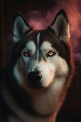 Obraz premium Portrait of a siberian husky dog in smoke.Generative Ai
