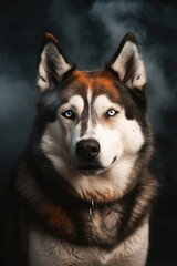 Obraz premium Portrait of a siberian husky dog in smoke.Generative Ai