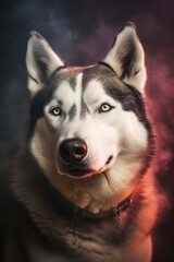 Portrait of a siberian husky dog in smoke.Generative Ai