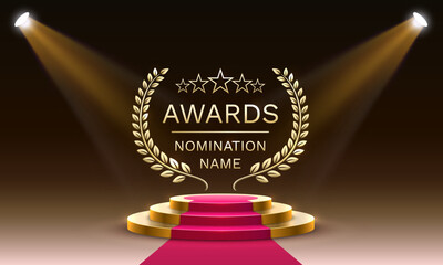 Awards nomination name podium, golden prize event, scene star ceremony. Vector illustration