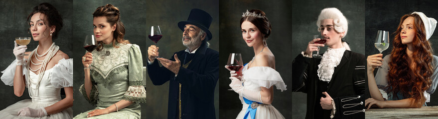 Set of portraits of different men and women, royal persons drinking wine against dark vintage background. Concept of comparison of eras, modernity and renaissance, baroque style. Creative collage.
