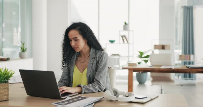 Fast, motion and a woman in an office for work, busy morning and working at an agency. Jacket, ready and a corporate employee in a workspace with a laptop for internet, business and reading an email