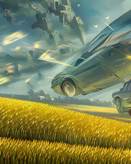 Tornado Trouble abstract with vehicles and objects flying through the air