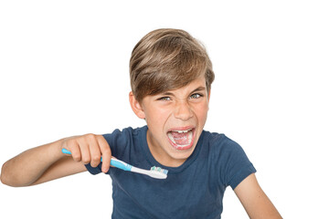 A smiling handsome boy is brushing his teeth isolated on the white background