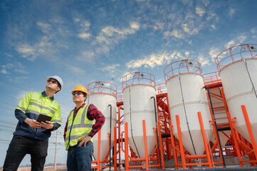 Asian male industrial engineer and architect discussing work Use tablet technology to plan and...