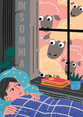 Concept of insomnia. Man lies under covers on bed and looks out window at sheep. Mental disorder and psychology. Wrong daily routine and sleep problems. Cartoon flat vector illustration