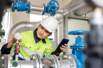 1 male industrial engineer controls the water system in the industrial plant and inspects the water...