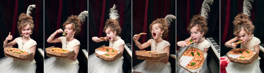 Set of portraits of little girl, child in image of medieval royal person eating pizza. Yummy. Concept of historical remake, comparison of eras, medieval fashion, emotions, childhood