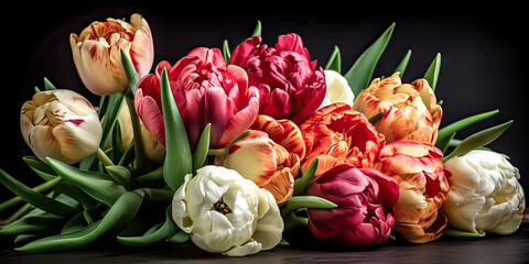 Vibrant tulips adorn a lush green landscape, creating a delightful visual feast - generative ai.