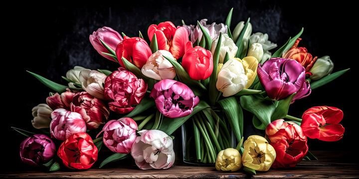 A vibrant array of tulips blooms against a cool background, creating a captivating contrast of colors and shapes - generative ai.