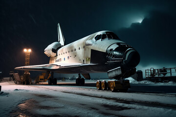 A space shuttle, cold planet image. digital art illustration. generative AI