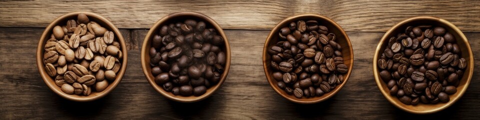 Fototapeta premium Generative AI image of various bowls filled with differently roasted aromatic coffee beans on wooden table