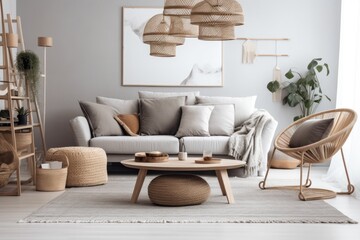 Gray couch, wooden coffee table, cushions, blankets, rattan lamp, slippers basket, and attractive decorations in living room. Interior design. Template. Generative AI