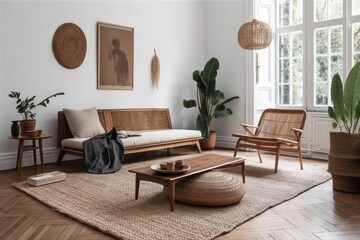 Modern room with wicker runner rug. Generative AI