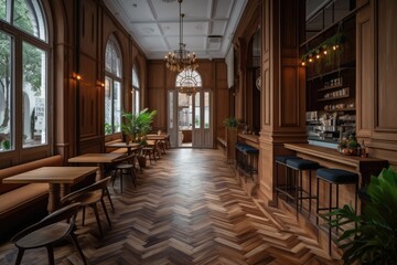 Fototapeta na wymiar Cafe interior with parquet floor in Hanoi, Vietnam, on June 13, 2019. Generative AI