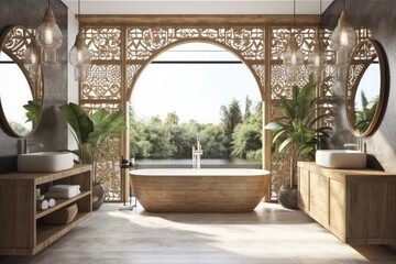 Balinese bathroom mockup near panoramic window. illustration. Scandinavian bathroom. Generative AI - obrazy, fototapety, plakaty
