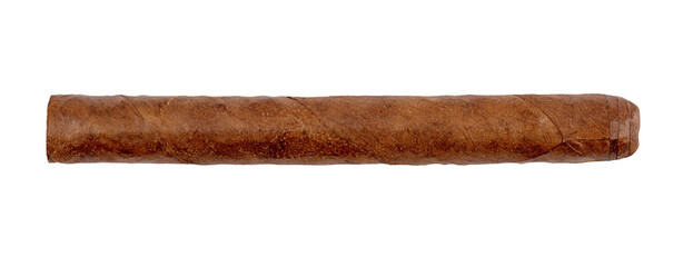 Real long cigar by tobacco leaves isolated on white, transparent backgroind top view, PNG