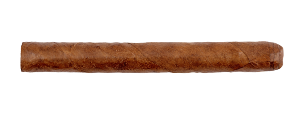 Real long cigar by tobacco leaves isolated on white, transparent backgroind top view, PNG