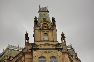 Closeup of the top of classic apartment building in Prague, Czech Republic