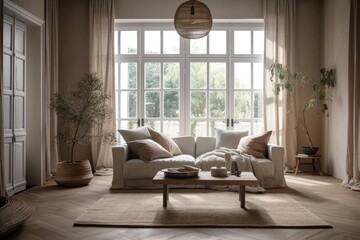 Classic living room with drapes, cotton couch, and rattan flooring. Parquet. Farmhouse decor,. Generative AI