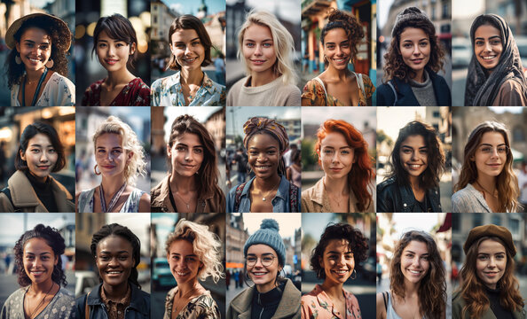 Multinational Mosaic Collage collection of 21 female portraits in the capitals of different countries. Photorealistic illustration generative AI.
