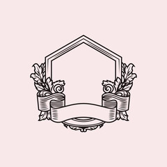 pentagon emblem logo with leaf and flower ornament.