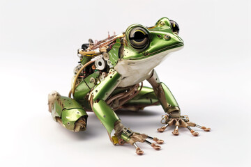 Image of a green frog modified into a robot on a white background. Wild animal. illustration, generative AI.