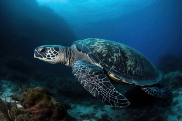 image of a hawksbill turtle swimming under the sea. underwater animals. illustration, generative AI.
