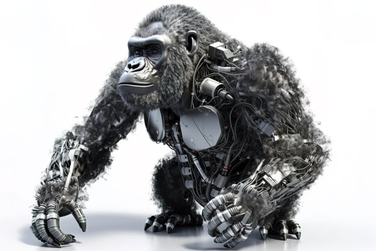 Image of a gorilla modified into a robot on a white background. Wild animal. illustration, generative AI.