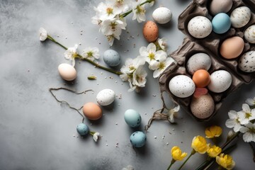 carton of fresh eggs and colorful flowers. Generative AI