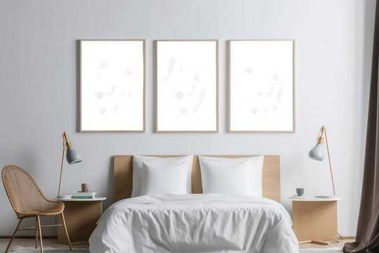 Blank minimal White Bedroom Interior with Mockup Frame for Advertising and Decoration