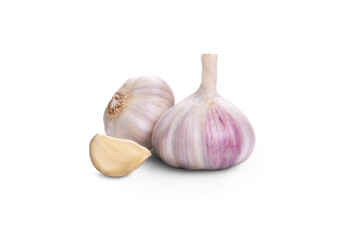 A whole fresh garlic head and clove segment isolated against a transparent background.