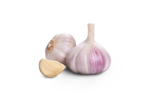 A whole fresh garlic head and clove segment isolated against a transparent background.