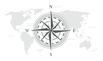 Nautical Compass. World map background. Global travel, tourism, exploration concept. Vector stock - obrazy, fototapety, plakaty
