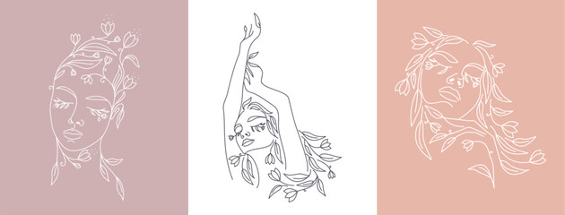 Logo Woman face with flowers. Woman vector lineart illustration. Elegant Feminine Beauty Logo. Woman Line Art Minimalist Logo. Botanical print.