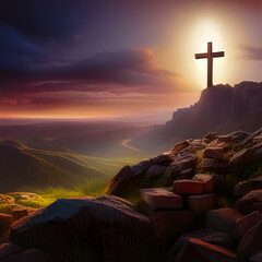 Krzyż chrześcijański na wzgórzu. Zachód słońca. Wygenerowane z AI. - obrazy, fototapety, plakaty