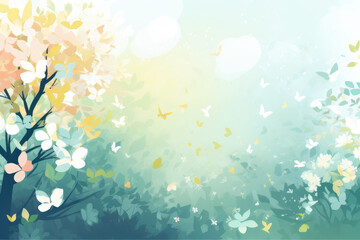 Spring background. Blooming garden with butterflies. AI generative.