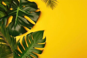 Fototapeta na wymiar Top view of tropical leaves on a yellow paper flat lay background. Copy space text area made with Generative AI