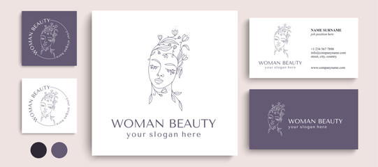 Fototapeta na wymiar Logo Woman face with flowers. Woman vector lineart illustration. Elegant Feminine Beauty Logo. Woman Line Art Minimalist Logo. Botanical print.