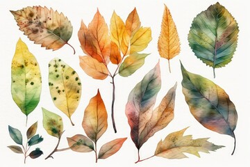 colorful autumn leaves on a white background. Generative AI